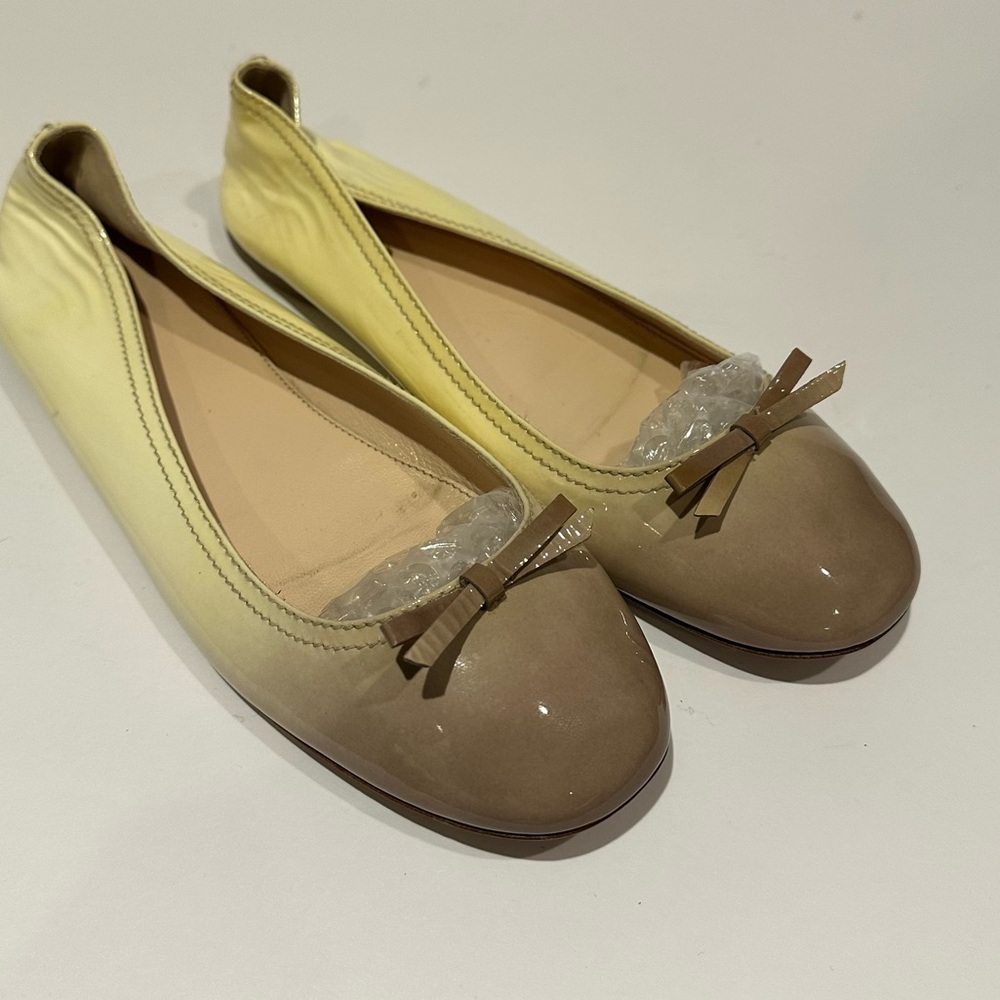 Prada Yellow to Beige Ombre Patent Leather Bow Ballet Flats
